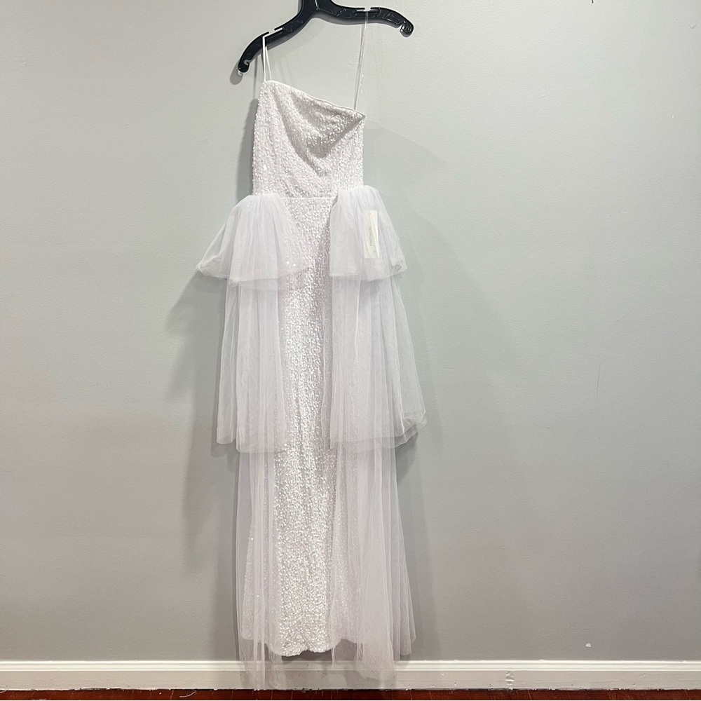 White Sequin Embellished Velvet Gown with Tiered Tulle Overlay Train